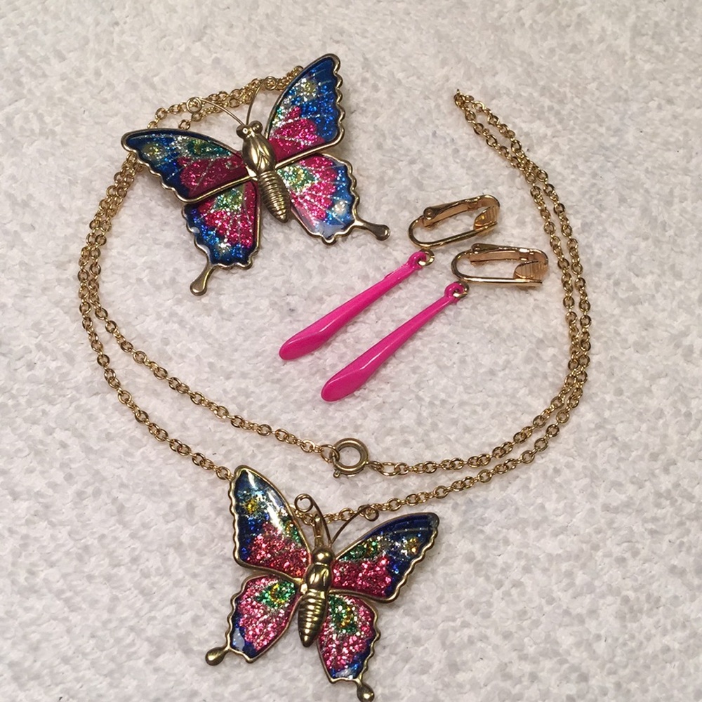 Vintage butterfly necklace brooch , earrings